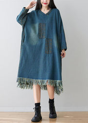 Denim Blue Patchwork Cotton Dress Oversized Applique Spring