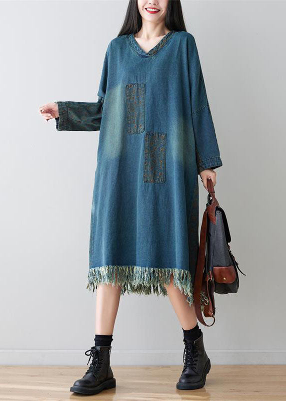 Denim Blue Patchwork Cotton Dress Oversized Applique Spring