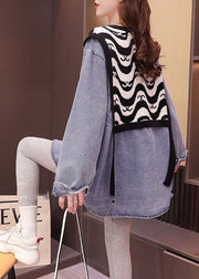 Denim Blue Patchwork Knit Denim Shirts Oversized Print Spring