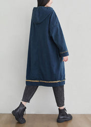 Denim Blue Print Cotton Sweatshirt Dress Oversized Drawstring Spring