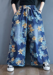 Denim Blue Print Cotton Wide Leg Pants Elastic Waist Spring