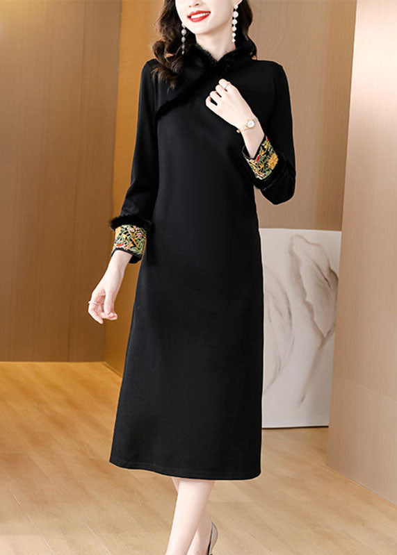 Dinner Black Stand Collar Warm Fleece Mink Hair Maxi Dress Long Sleeve