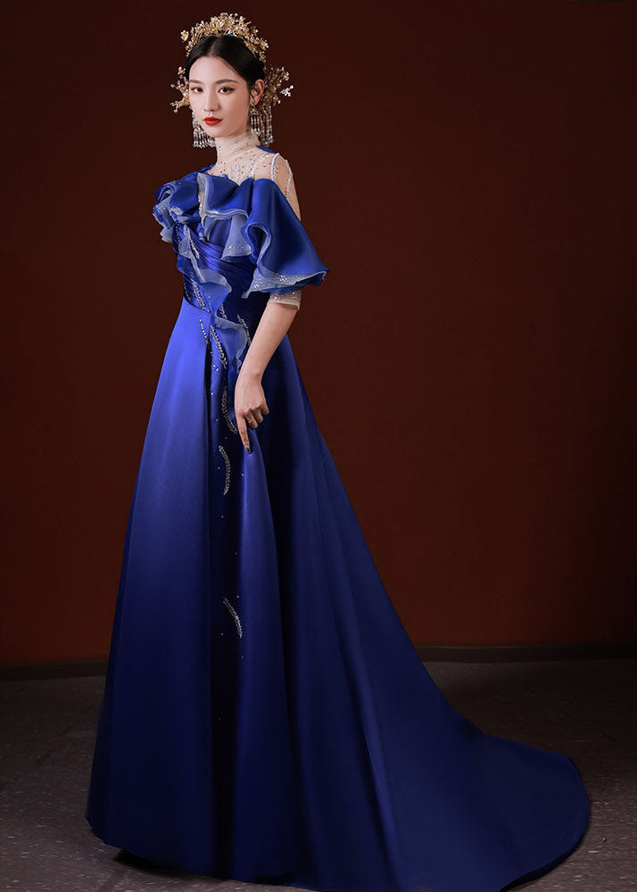 Dinner Blue Turtleneck Asymmetrical Ruffled Tulle Patchwork Silk Vacation Long Dresses Summer