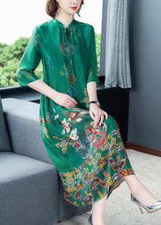 Dinner Green Stand Collar Neck Tie Print Silk Maxi Dresses Long Sleeve