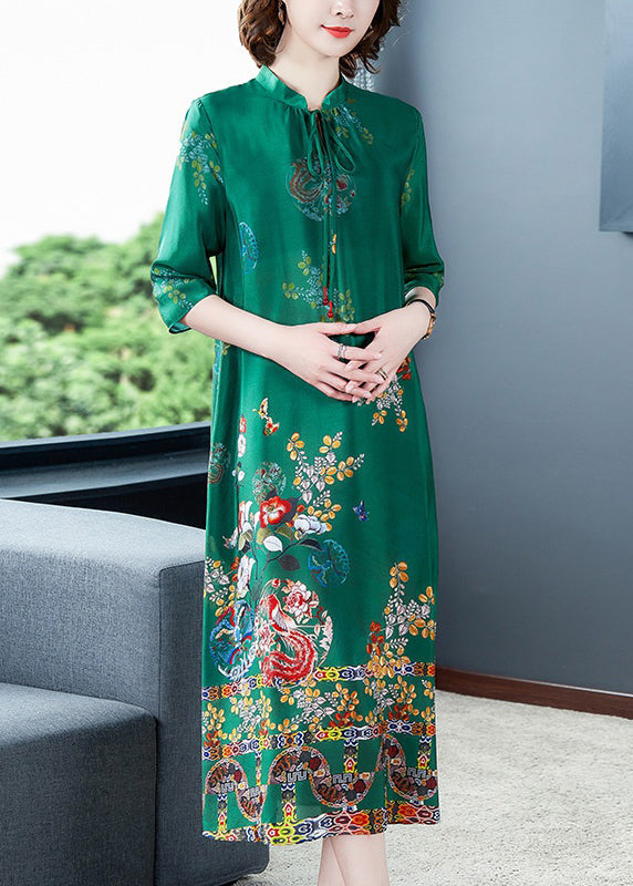 Dinner Green Stand Collar Neck Tie Print Silk Maxi Dresses Long Sleeve