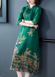 Dinner Green Stand Collar Neck Tie Print Silk Maxi Dresses Long Sleeve