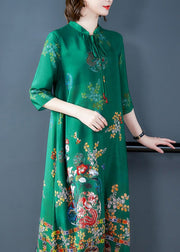 Dinner Green Stand Collar Neck Tie Print Silk Maxi Dresses Long Sleeve