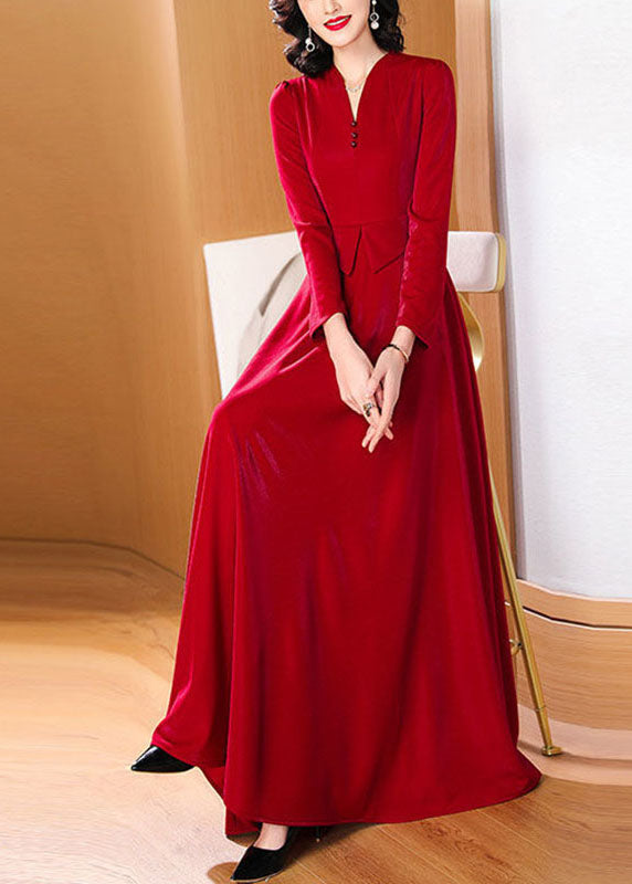 Dinner Red V Neck Patchwork Button Party Long Dress Fall