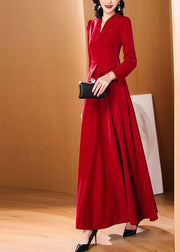 Dinner Red V Neck Patchwork Button Party Long Dress Fall