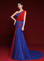 Dinner Royal Blue Shoulder Tulle Patchwork Silk Mopping Long Dress Summer