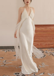 Dinner White V Neck Tulle Patchwork Maxi Dresses Sleeveless