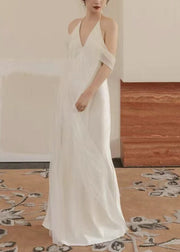 Dinner White V Neck Tulle Patchwork Maxi Dresses Sleeveless