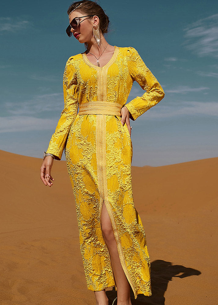 Dinner Yellow O-Neck Floral Slim Lace Maxi Dresses Long Sleeve