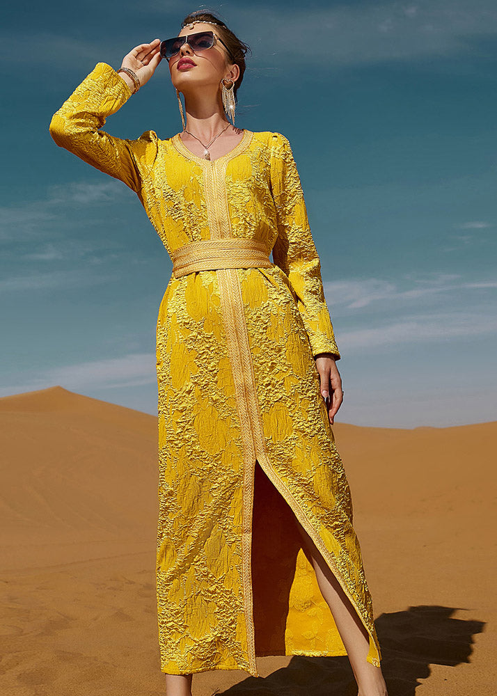 Dinner Yellow O-Neck Floral Slim Lace Maxi Dresses Long Sleeve