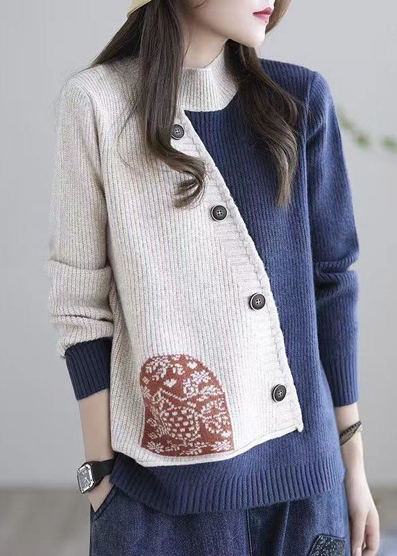 Diy Beige High Neck Oversized Patchwork Knit Sweaters Winter