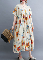 Diy Beige V Neck Wrinkled Print Cotton Long Dress Short Sleeve