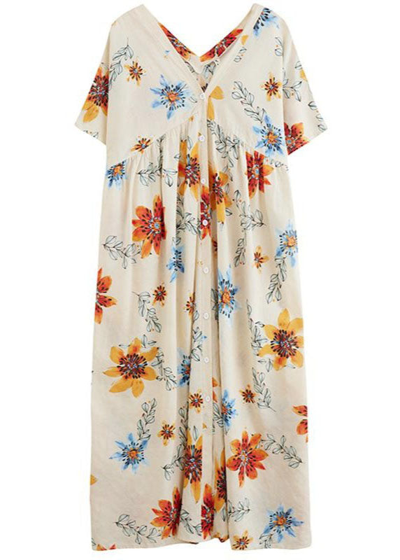 Diy Beige V Neck Wrinkled Print Cotton Long Dress Short Sleeve