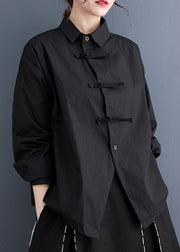 Diy Black Asymmetrical Design Chinese Button Cotton Shirts Spring