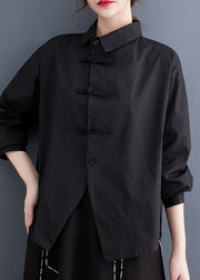 Diy Black Asymmetrical Design Chinese Button Cotton Shirts Spring