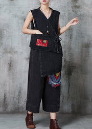 Diy Black Asymmetrical Patchwork Denim Two Piece Suit Set Spring