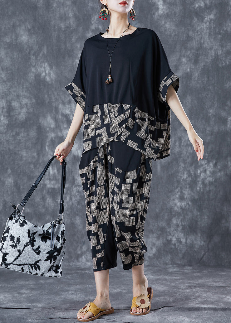 Diy Black Asymmetrical Patchwork Print Cotton Two Pieces Set Summer