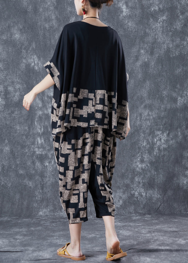 Diy Black Asymmetrical Patchwork Print Cotton Two Pieces Set Summer