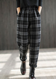 Diy Black Elastic Waist Pockets Plaid Warm Fleece Pants Winter