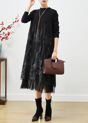 Diy Black Embroidered Patchwork Tulle Knit Long Dress Fall