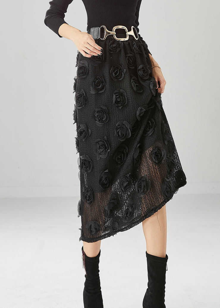 Diy Black High Waist Three-dimensional Floral Knit Skirt Fall