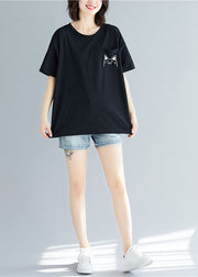 Diy Black O Neck Cartoon Print Cotton T Shirt Tops Short Sleeve