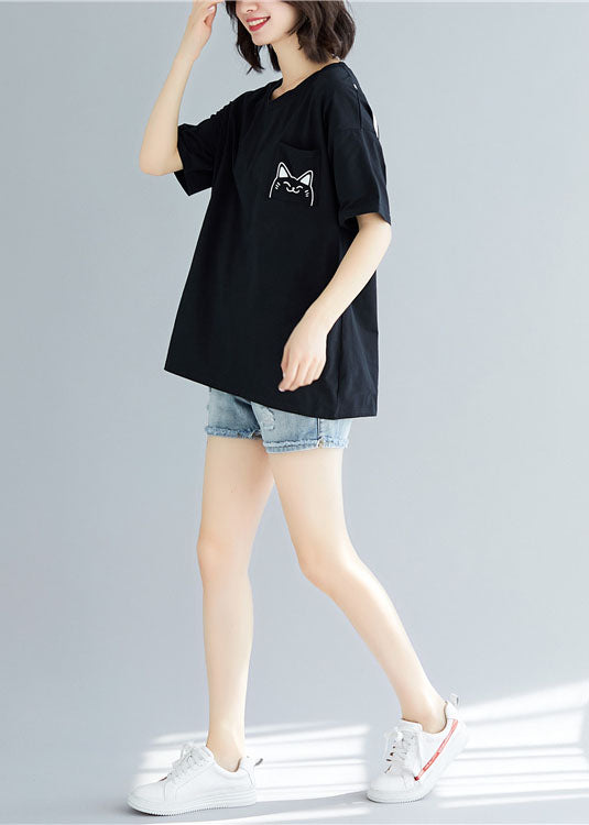 Diy Black O Neck Cartoon Print Cotton T Shirt Tops Short Sleeve