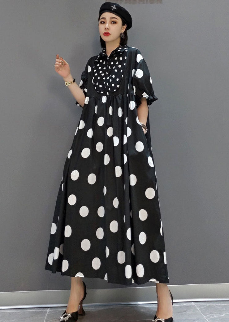 Diy Black Peter Pan Collar Patchwork Dot Print Exra Large Hem Cotton Long Dress Short Sleeve