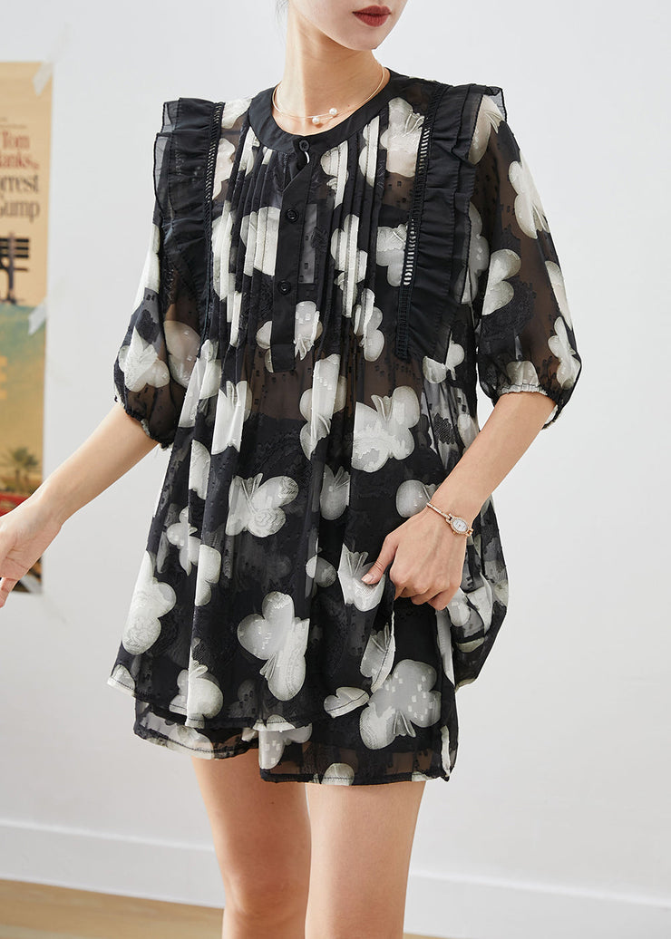 Diy Black Print Ruffled Patchwork Wrinkled Chiffon Two-Piece Set Summer