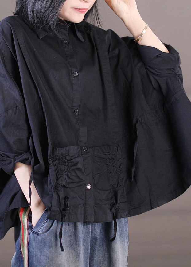 Diy Black Turn-down Collar Drawstring Wrinkled Cotton Loose Shirt Top Batwing Sleeve