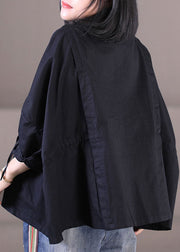 Diy Black Turn-down Collar Drawstring Wrinkled Cotton Loose Shirt Top Batwing Sleeve