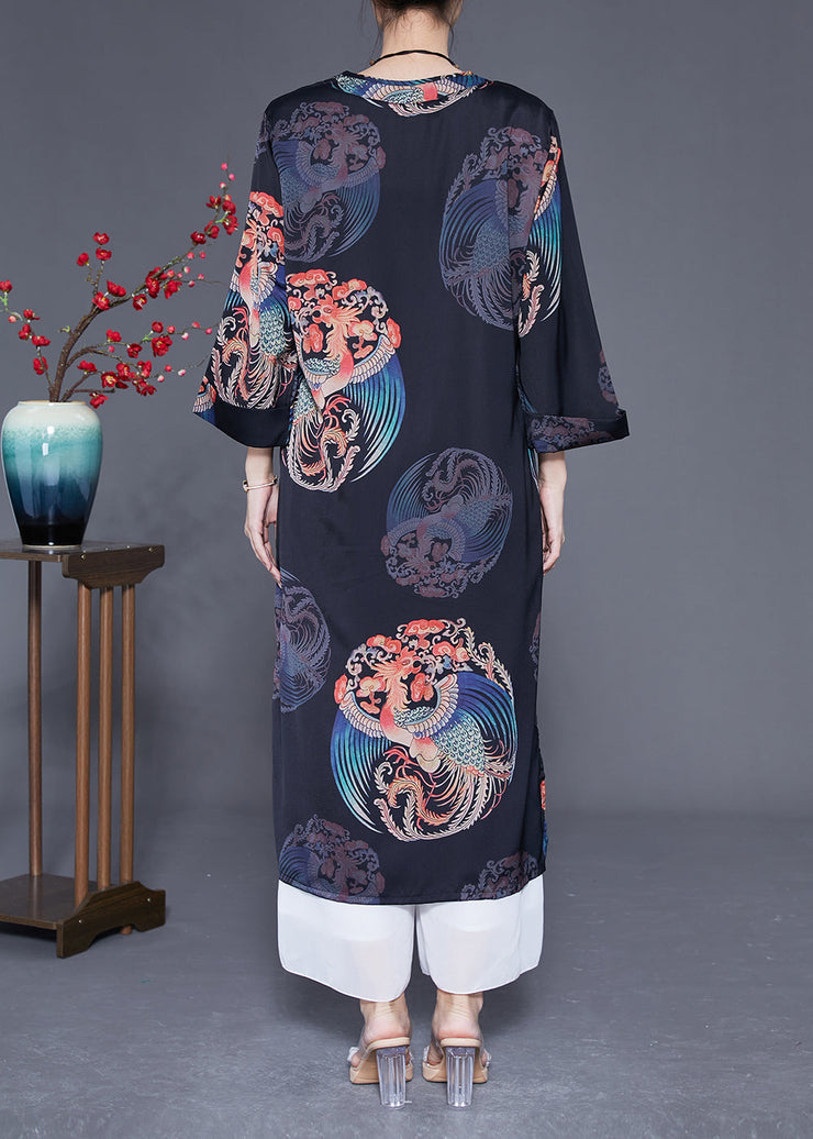 Diy Black V Neck Print Side Open Silk Dresses Bracelet Sleeve