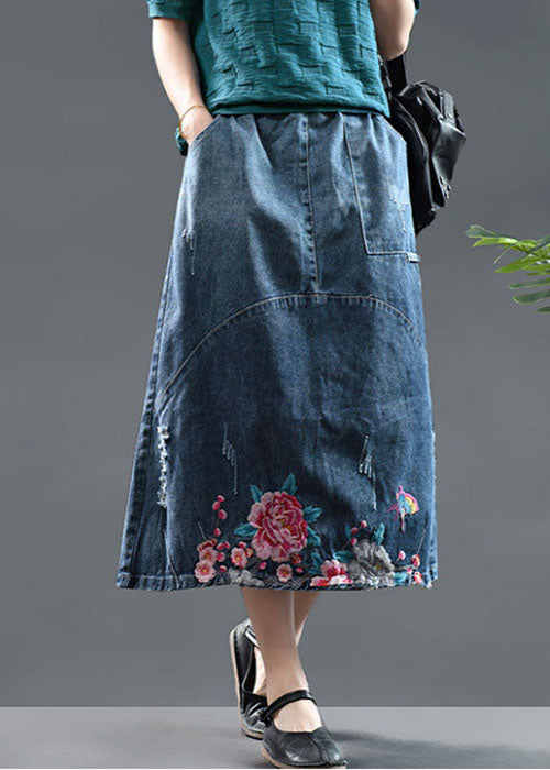 Diy Blue High Waist Embroideried Patchwork Cotton Denim Skirts Summer