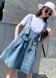 Diy Blue Oversized Patchwork Denim Strap Dress Two Piece Set Women Clothing Summer