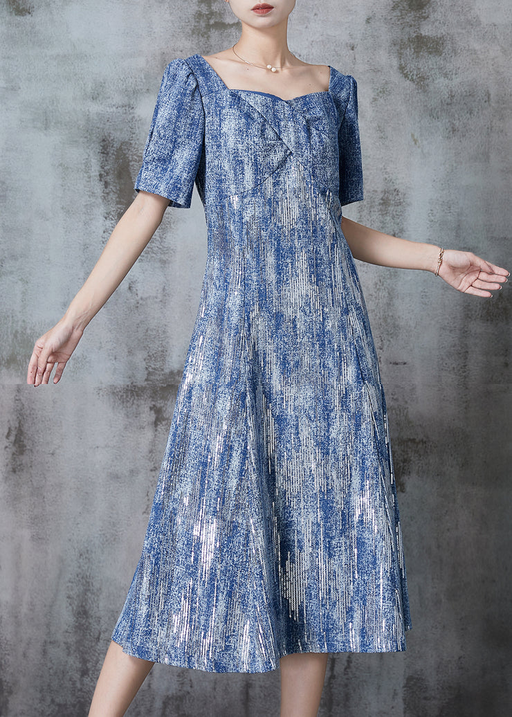 Diy Blue Square Collar Tie Dye Chiffon Robe Dresses Summer