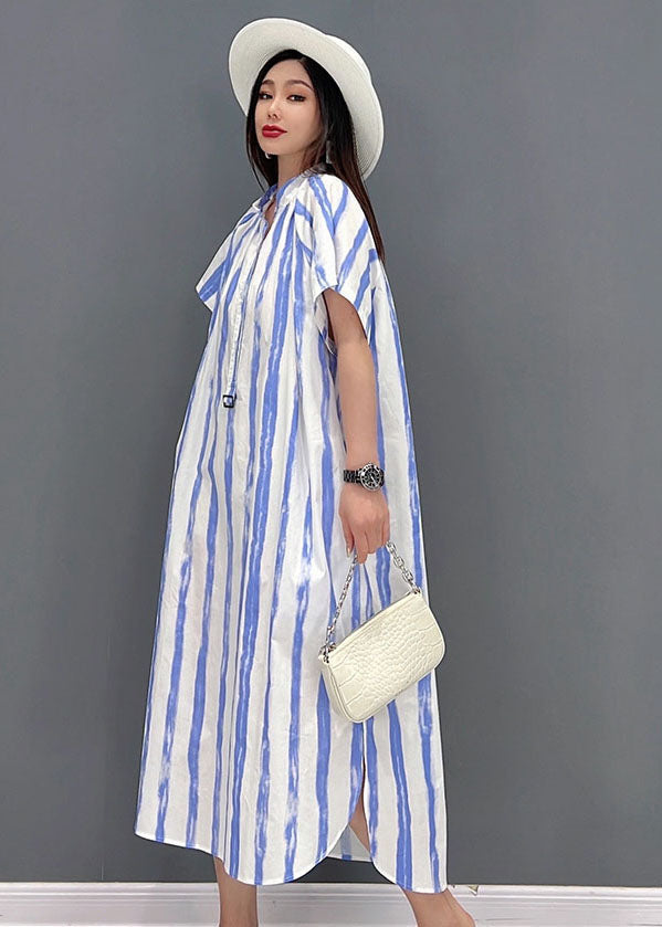 Diy Blue Striped Stand Collar Side Open Cotton Maxi Dresses Short Sleeve