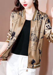 Diy Coffee Zip Up Pockets Print Silk Jackets Spring