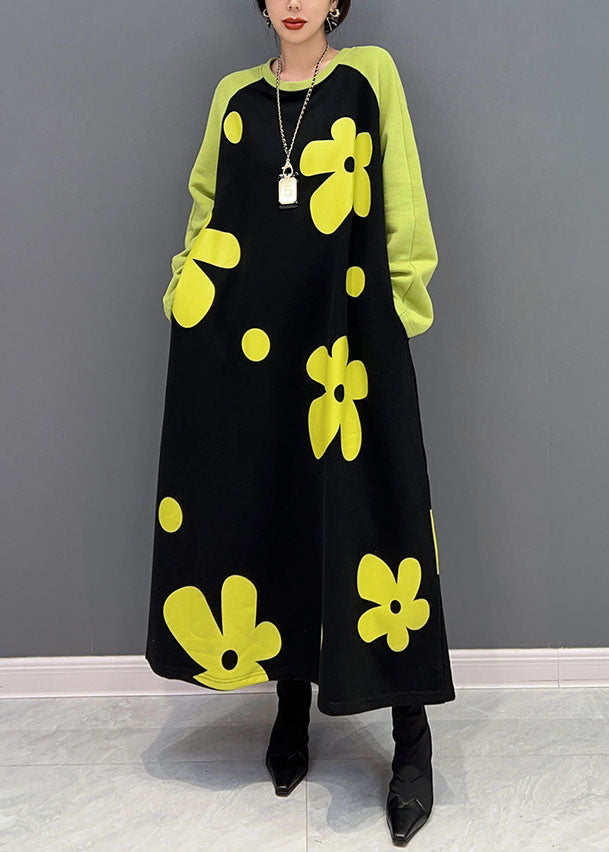 Diy Colorblock O Neck Floral Cotton Long Dress Spring