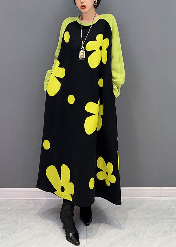 Diy Colorblock O Neck Floral Cotton Long Dress Spring