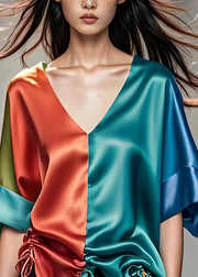 Diy Colorblock V Neck Cinched Patchwork Silk Top Summer