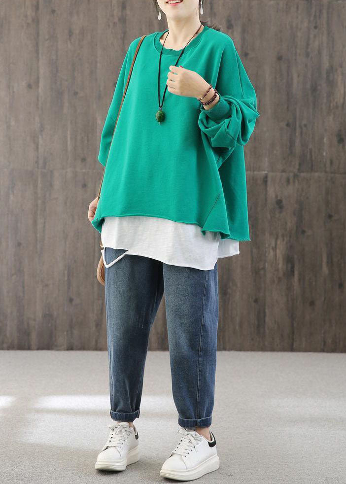 Diy Green Oversized Patchwork Cotton Fake Two Piece Pullover Sweatshirt Fall