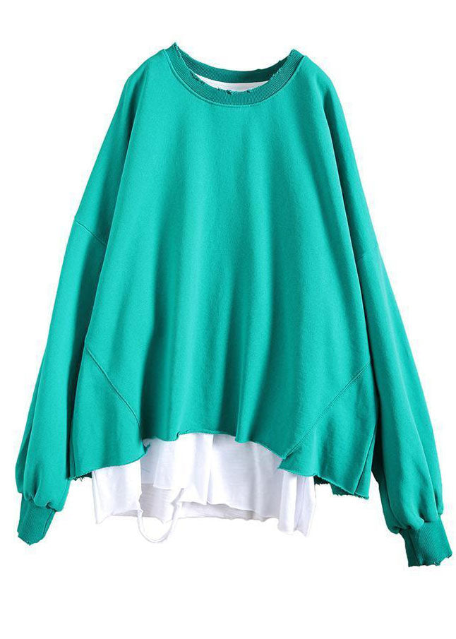 Diy Green Oversized Patchwork Cotton Fake Two Piece Pullover Sweatshirt Fall