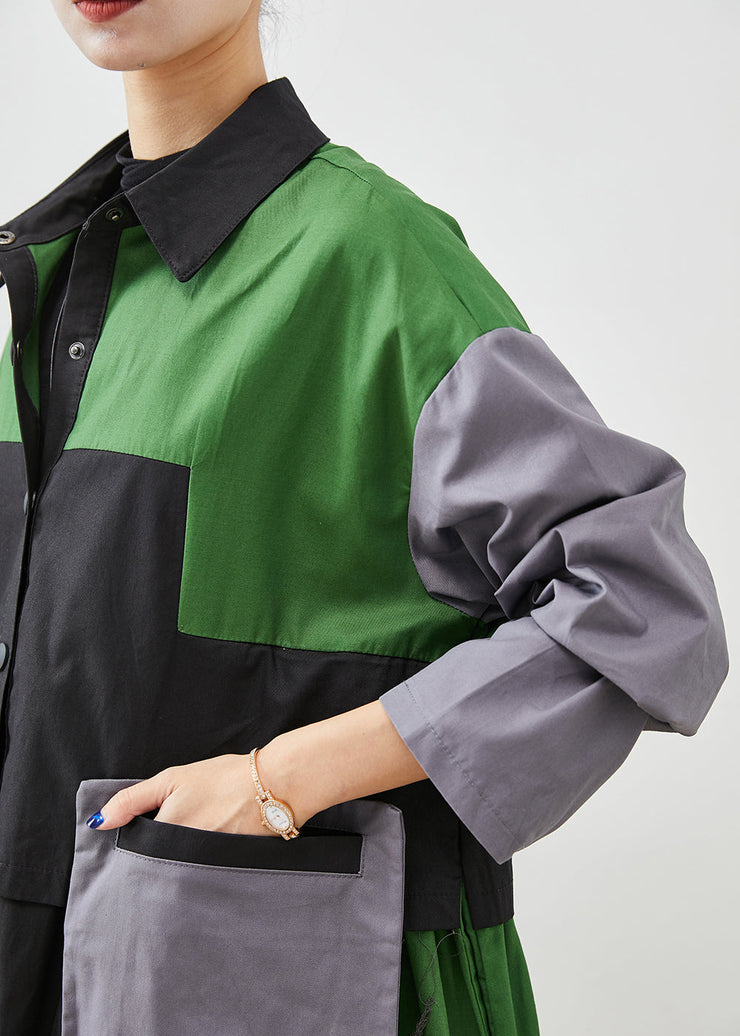 Diy Green Oversized Patchwork Pockets Cotton Coats Fall