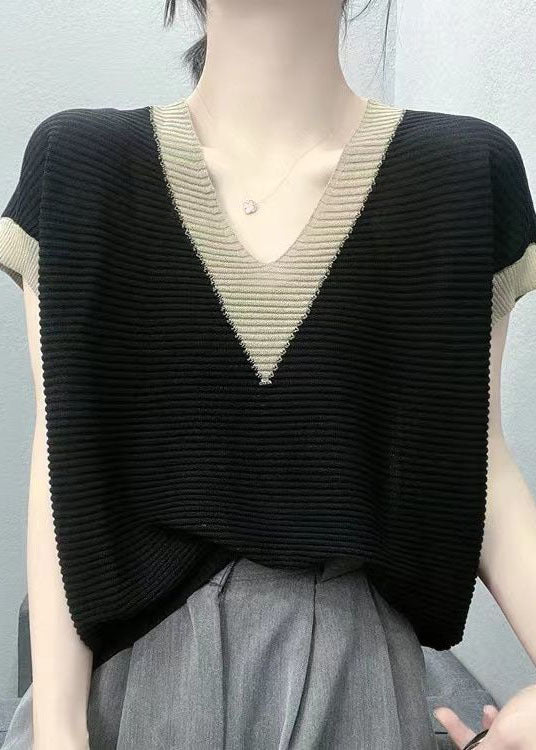 Diy Green V Neck Patchwork Knit Tank Tops Short Sleeve