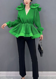 Diy Green V Neck Ruffled Patchwork Chiffon Shirt Tops Spring