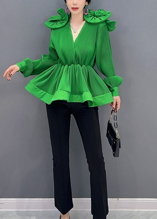 Diy Green V Neck Ruffled Patchwork Chiffon Shirt Tops Spring